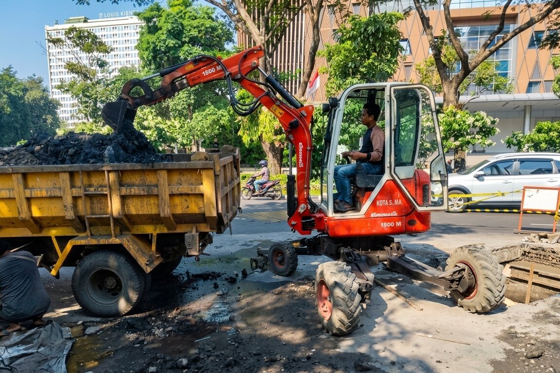 Petugas DPU Kota Semarang melakukan pembersihan sedimen di drainase di kawasan Simpang Lima, baru-baru ini.