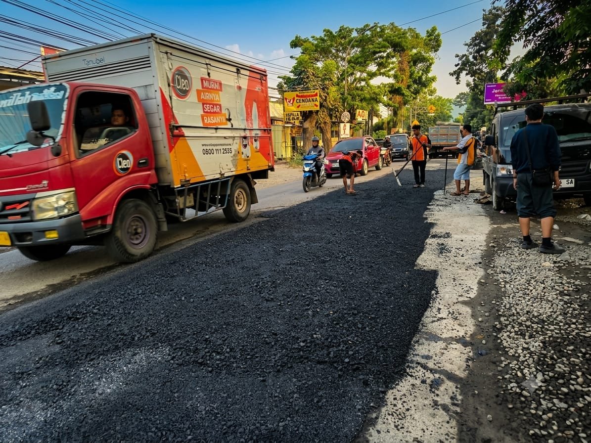 Perbaikan ruas jalan yang rusak di Tanjakan Kalipancur Manyaran.